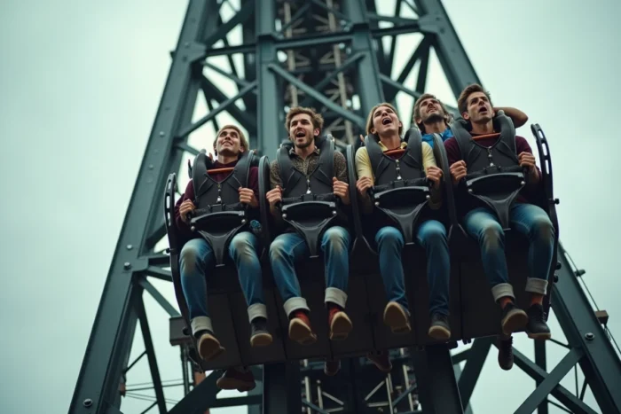 Les passagers du Dalton Terror en haut de la tour de chute libre au moment du suspense avant la descente à Walibi Belgique