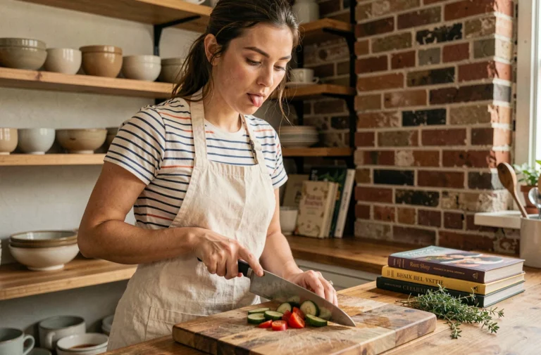 Jeune femme débutante en cuisine découpant des légumes frais sur une planche en bois dans une cuisine maison chaleureuse