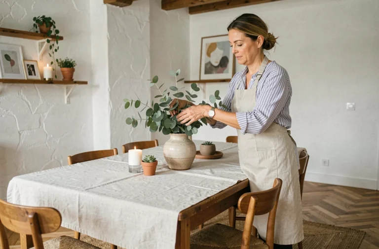 Femme arrangeant un bouquet d'eucalyptus dans un vase en céramique sur une table en bois dans une salle à manger de style scandinave décorée avec soin