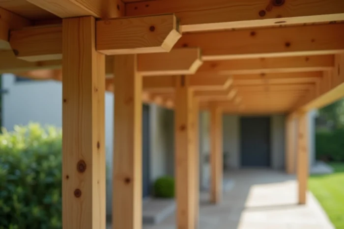 Détail des assemblages en bois d'un abri voiture artisanal montrant la qualité de la menuiserie