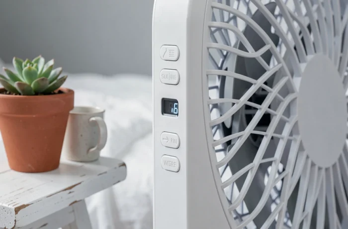 Gros plan sur le panneau de commande et la grille d'oscillation du ventilateur Confort Line WCF-03S
