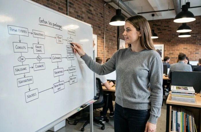 Développeuse web dessinant l'arborescence d'un sitemap immobilier sur tableau blanc dans un espace coworking