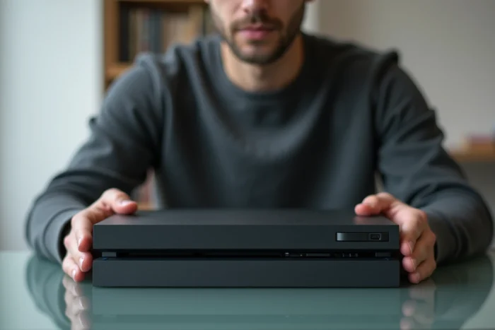 Gros plan sur les différences de taille entre la PS4 Slim et la PS4 standard tenues entre les mains