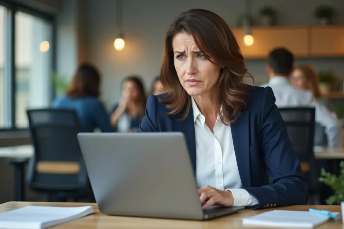 Employée frustrée face à un message d'erreur de connexion sur son compte Octime au bureau