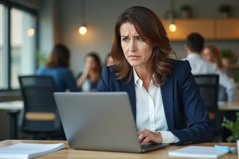 Employée frustrée face à un message d'erreur de connexion sur son compte Octime au bureau