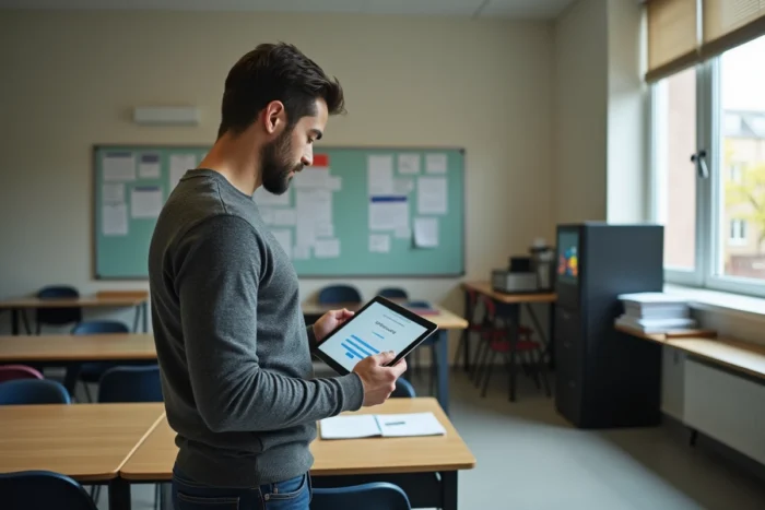 Enseignant consultant sa messagerie académique Nancy-Metz sur une tablette dans une salle des professeurs