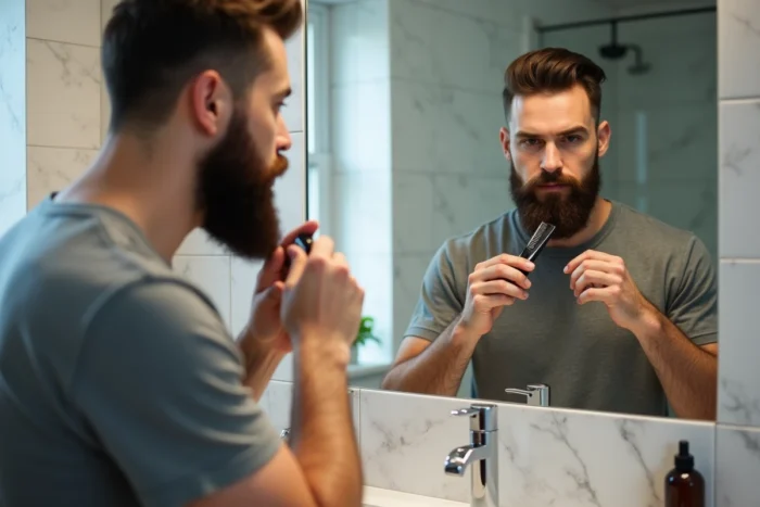 Homme taillant sa barbe Van Dyke avec une tondeuse de précision devant un miroir de salle de bain en marbre