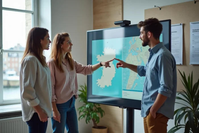 Équipe de startup discutant d'un projet web numérique devant un écran tactile dans un bureau à Brest, Bretagne