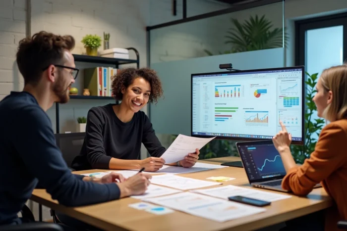 Équipe de la startup Yuka collaborant sur le modèle économique de l'application dans un bureau