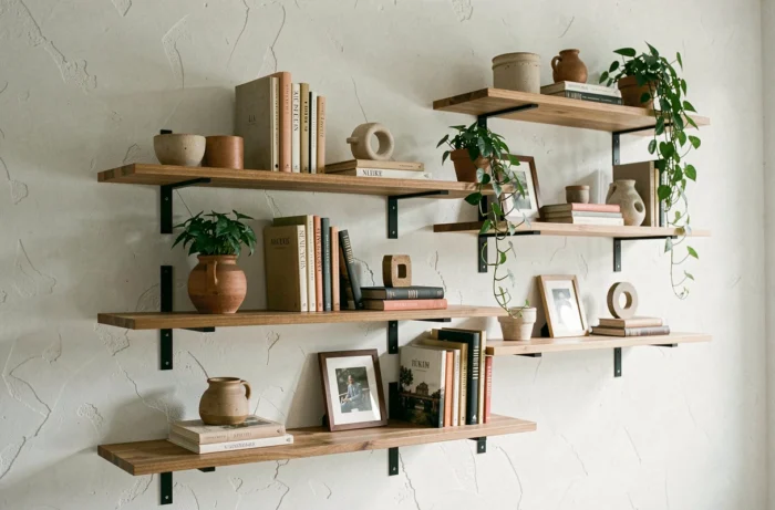 Étagère murale asymétrique en bois et métal avec objets décoratifs, livres et plantes disposés de façon créative