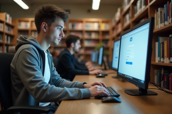 Étudiant accédant à sa messagerie académique Nancy-Metz sur un ordinateur en bibliothèque universitaire