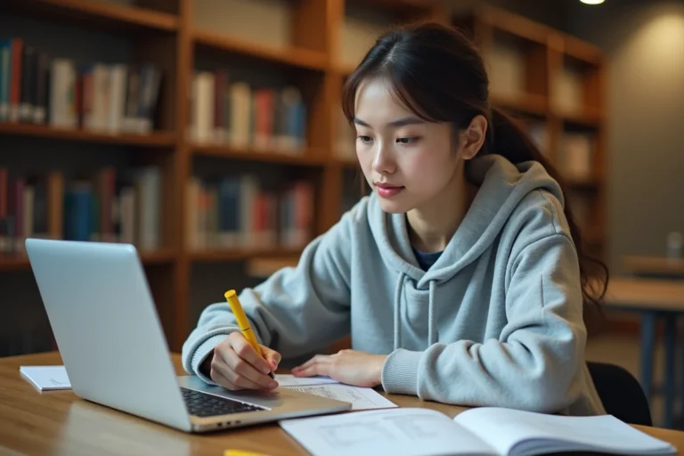 Étudiante organisée qui révise ses cours à la bibliothèque universitaire avec un planning de révision pour les examens ENSAM
