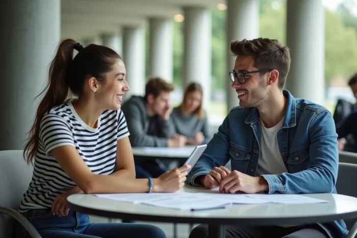 Deux étudiants ENSAM travaillant ensemble sur leur organisation de révisions et rattrapages dans un espace commun du campus