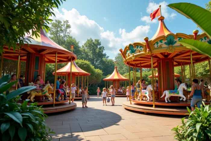 Vue d'ensemble des manèges familiaux colorés de la zone Exotic World avec des visiteurs de tous âges à Walibi Belgique