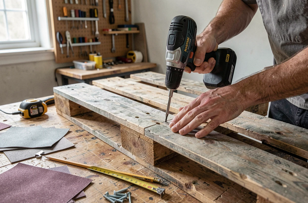 Mains d'artisan assemblant des planches de palettes en bois pour construire un meuble sous vasque de salle de bains