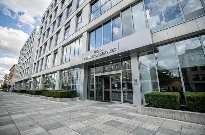 Façade extérieure du centre financier La Banque Postale La Source dans un quartier d'affaires français
