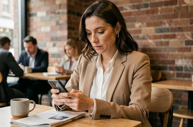 Femme consultant les actualités sur son smartphone dans un café moderne, illustrant les tendances de l'information au quotidien