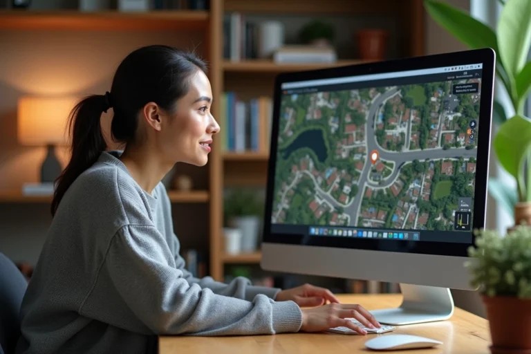 Femme utilisant une application de cartographie satellite sur un ordinateur de bureau dans un bureau à domicile moderne