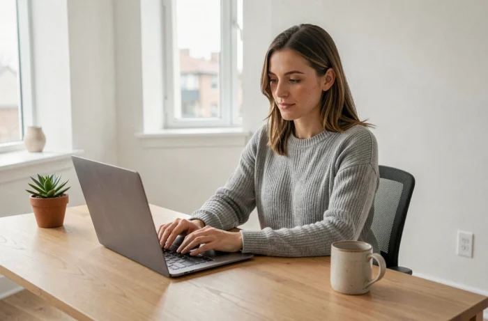 Femme utilisant un ordinateur portable dans un bureau à domicile bien organisé pour simplifier ses tâches informatiques quotidiennes