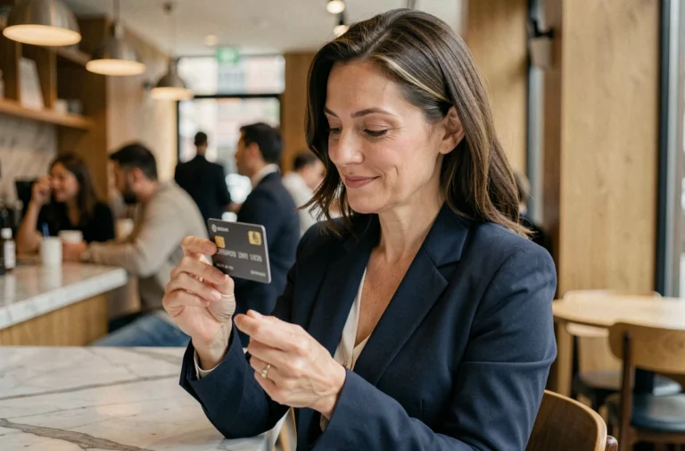 Femme tenant une carte bancaire premium Crédit Agricole dans un café moderne, exprimant satisfaction et confiance