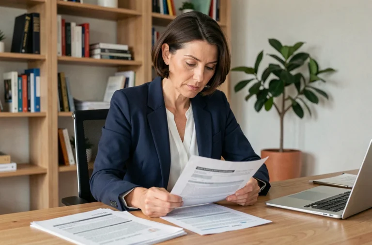 Femme de 40 ans qui compare des documents de mutuelle santé à son bureau à domicile, illustrant le choix d'une couverture santé optimale en 2024