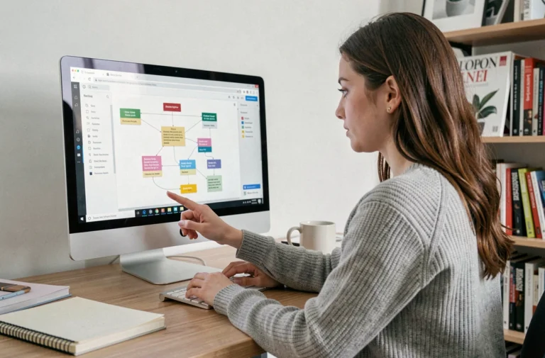 Jeune femme consultant un plan de site sur un écran d'ordinateur dans un bureau moderne