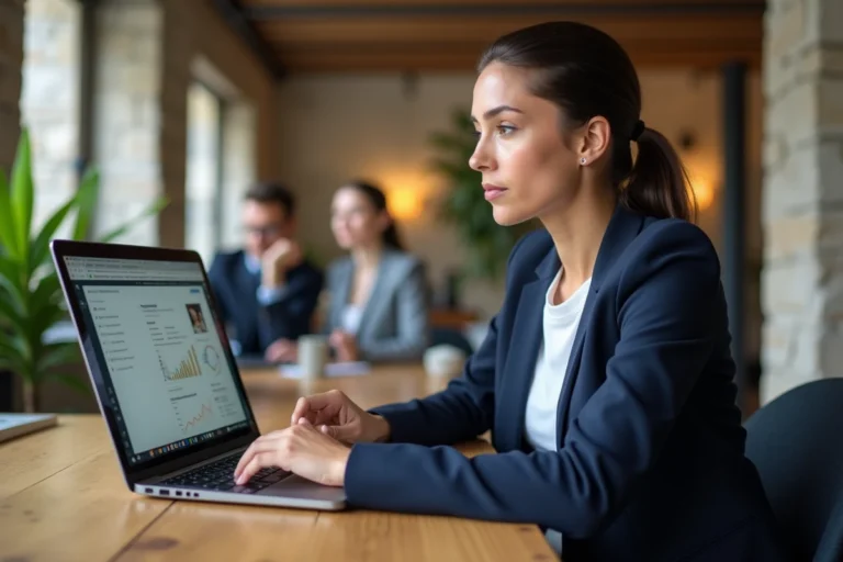 Femme professionnelle travaillant sur un tableau de bord web dans un coworking moderne à Rennes, Bretagne
