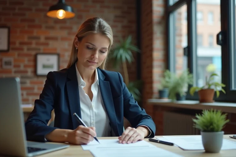 Femme entrepreneuse analysant des documents dans un espace de coworking moderne en 2024