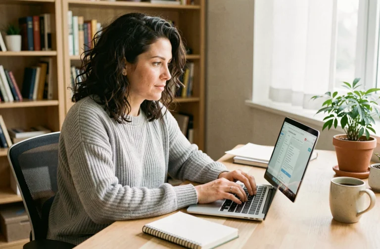 Femme suivant une formation digitale en ligne sur un ordinateur portable dans un bureau à domicile chaleureux
