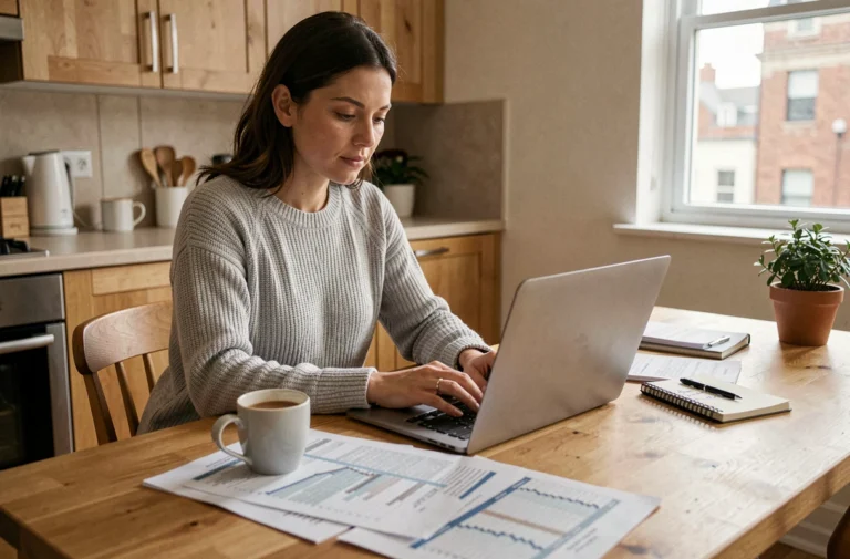 Femme gérant son budget personnel sur un ordinateur portable à une table de cuisine avec des documents financiers et un carnet de notes