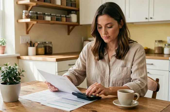 Femme gérant son budget personnel avec calculatrice et documents financiers sur une table en bois dans une cuisine moderne