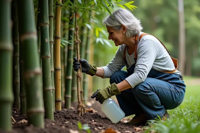 Femme jardinière utilisant un spray sur des pousses de bambou dans un jardin, méthode de contrôle de la croissance
