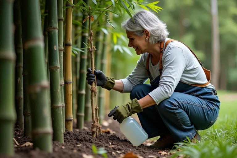 Femme jardinière utilisant un spray sur des pousses de bambou dans un jardin, méthode de contrôle de la croissance