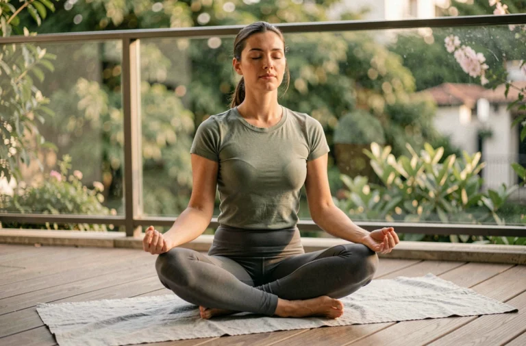 Femme pratiquant la méditation en yoga sur un balcon entouré de verdure pour améliorer son bien-être quotidien