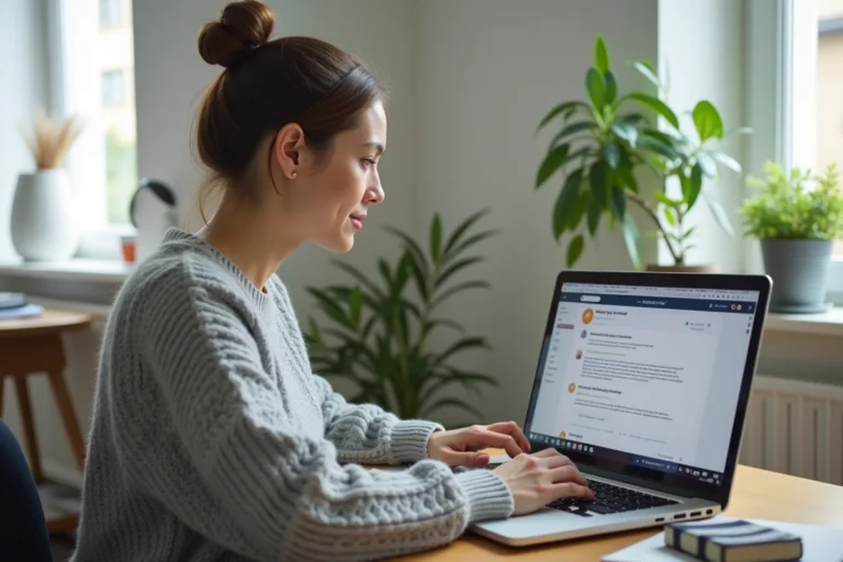 Femme accédant à sa messagerie Neuf Mail sur un ordinateur portable dans un bureau à domicile