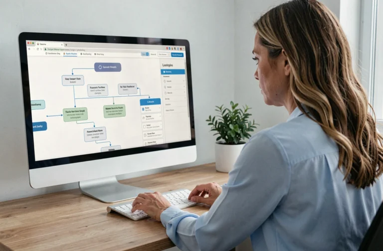 Femme naviguant sur un site e-santé avec un sitemap clair affiché sur un écran d'ordinateur de bureau