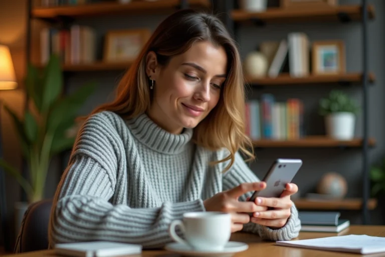 Femme consultant les partages de ses publications Facebook sur son smartphone depuis son bureau à domicile