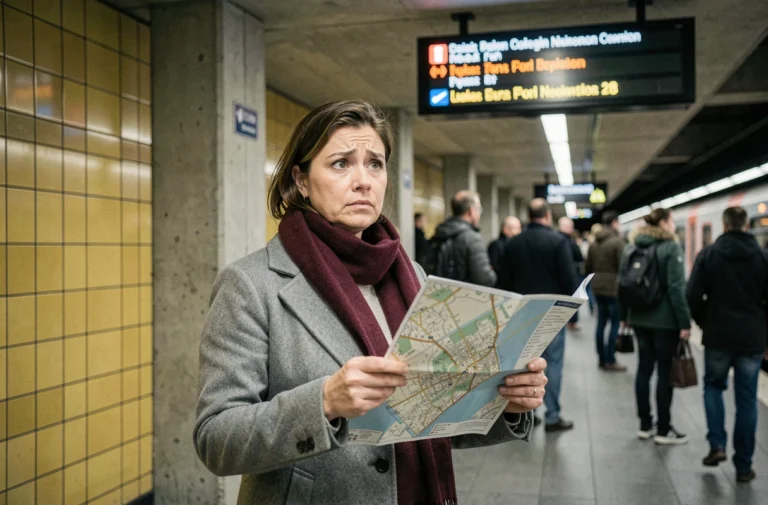 Femme perdue tenant une carte du métro berlinois face à un panneau d'affichage du U-Bahn