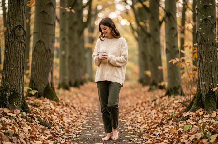Jeune femme se promenant serenement en forêt avec une tasse dans les mains pour se ressourcer et retrouver l'équilibre intérieur
