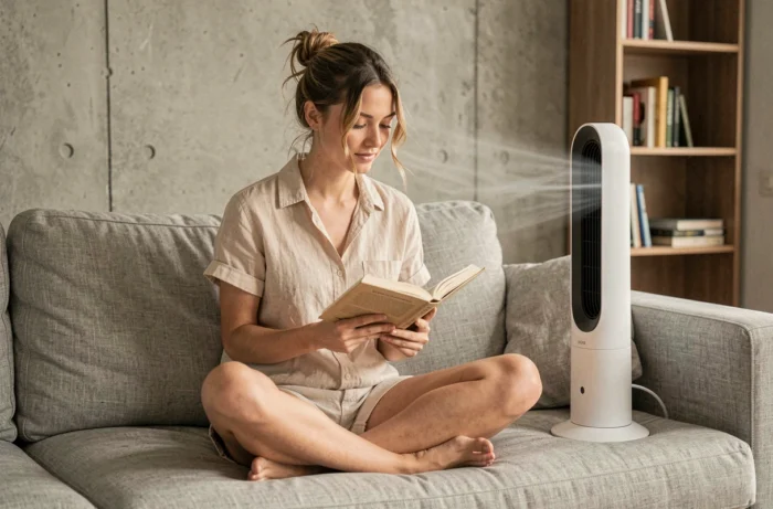 Femme se rafraîchissant avec un ventilateur colonne blanc dans un appartement contemporain en été