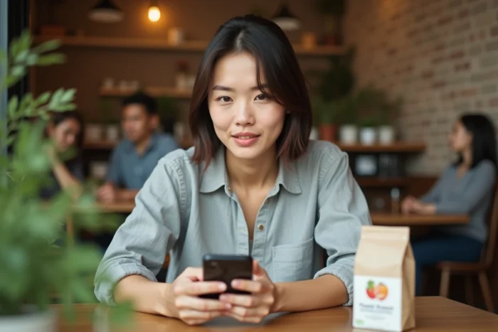 Jeune femme scannant un produit alimentaire avec l'application Yuka dans un café moderne