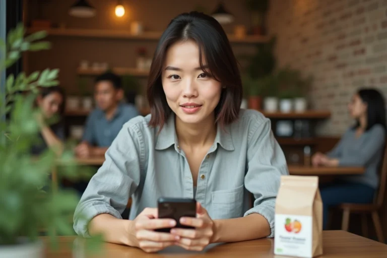 Jeune femme scannant un produit alimentaire avec l'application Yuka dans un café moderne