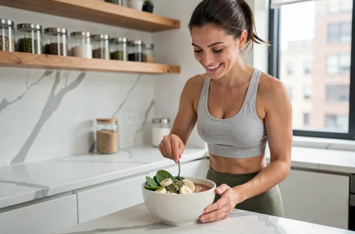 Femme sportive préparant un bol de smoothie riche en magnésium avec des graines et des épinards dans une cuisine moderne