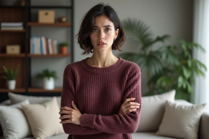Jeune femme à l'expression irritée dans un appartement moderne, symbolisant le tempérament impulsif et l'expression soupe au lait