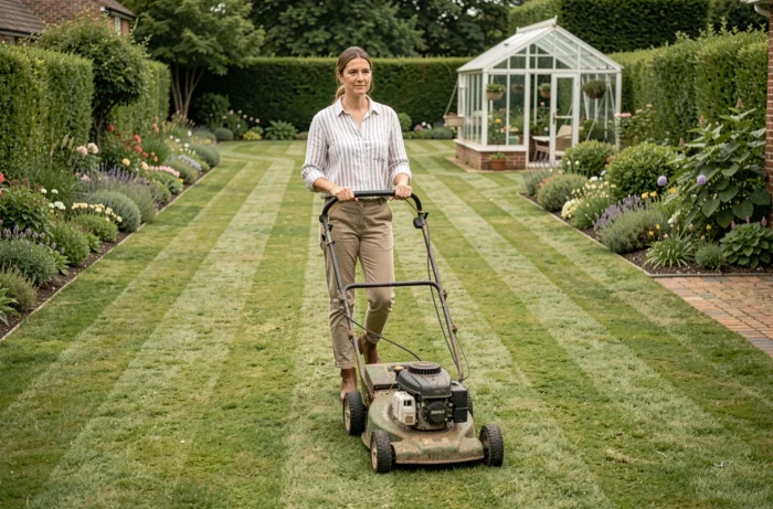 Femme tondant une pelouse rayée impeccable avec une tondeuse manuelle dans un jardin anglais