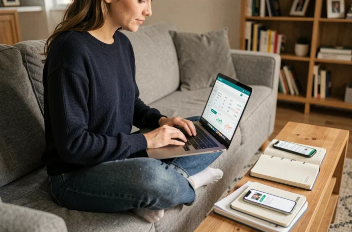Freelance gérant sa comptabilité avec un outil de facturation en ligne depuis son salon