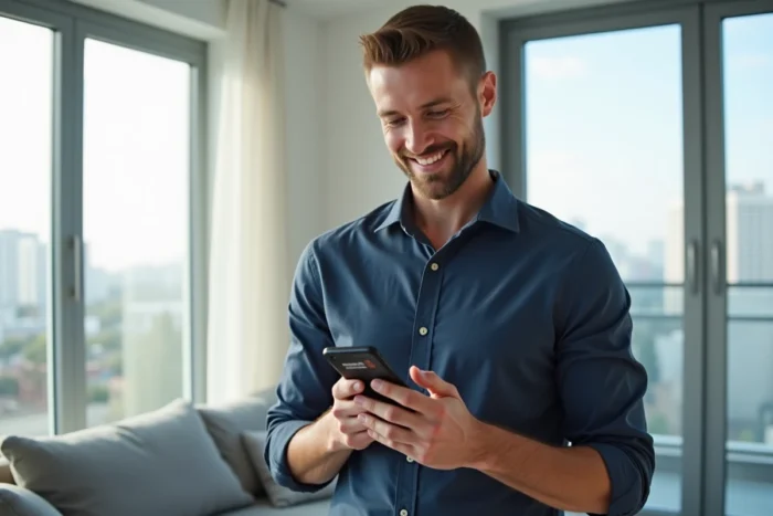 Homme consultant une application de gestion locative sur smartphone dans un appartement moderne