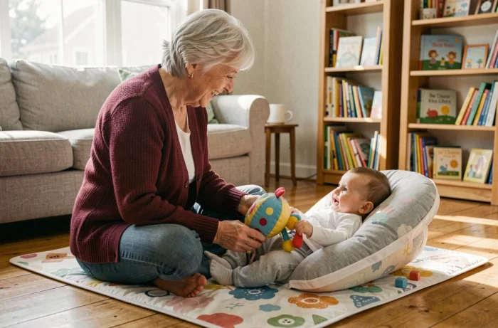 Grand-mère jouant joyeusement avec son petit-enfant de six mois sur un tapis d'éveil coloré dans un salon familial