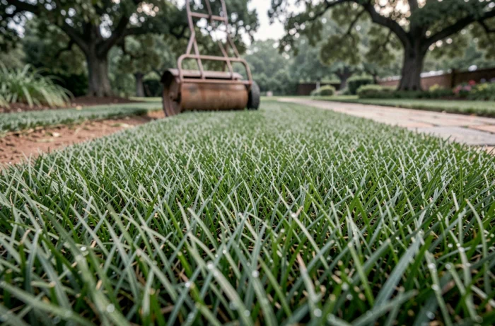 Gros plan sur des brins d'herbe couverts de rosée sur un gazon parfaitement entretenu