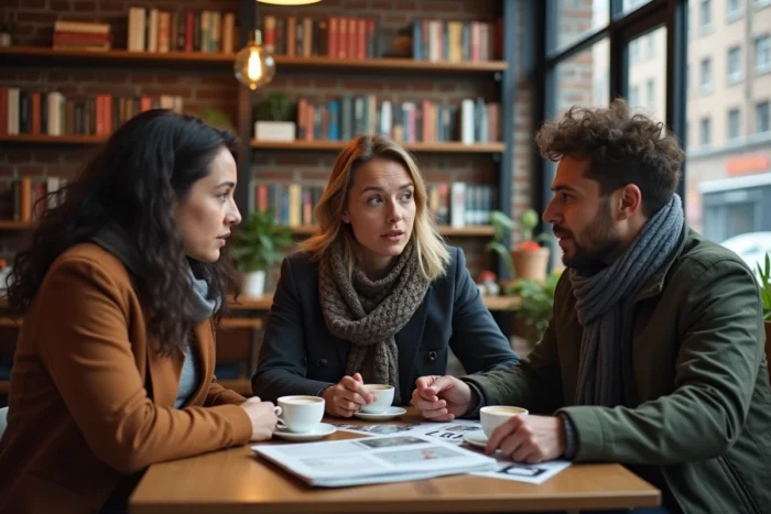 Groupe de personnes discutant de l'actualité nationale et internationale autour d'un café